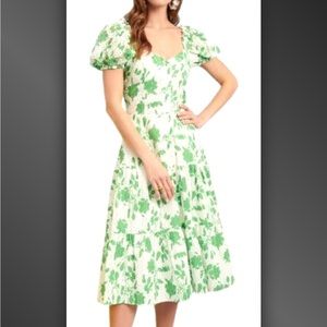 Rachel Parcell Stencil Floral Eyelet Puff Sleeve Midi Dress Foliage Green size M